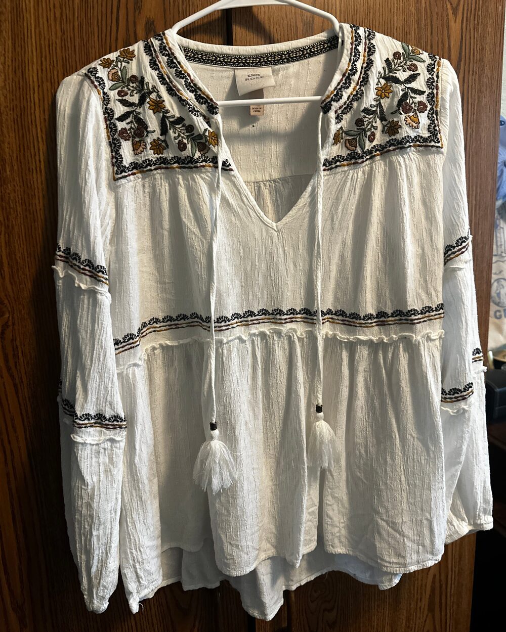Knox Rose White Long Sleeve blouse with floral accents boho